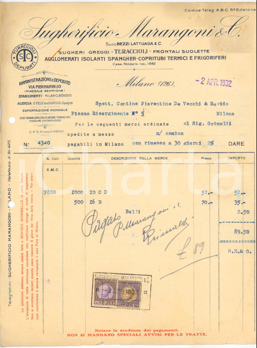 Documento originale, autentico 1932 MILANO Via Piermarini 10  Sugherificio MARANGONI & C.  Fattura 1