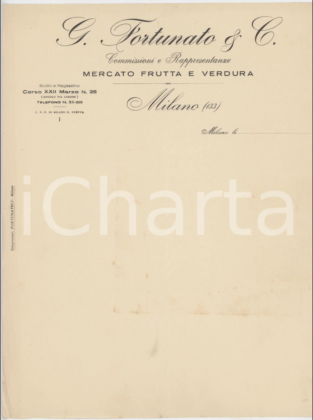 Documento originale, autentico 1920 ca MILANO  G. FORTUNATO & C. Mercato di frutta e verdura  Carta intestata 1