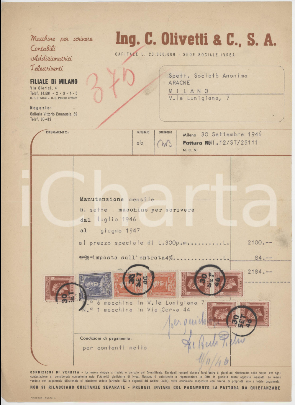 Documento originale, autentico 1946 MILANO Via Clerici 4 Ing. C. OLIVETTI & C. Macchine da scrivere  Fattura 1