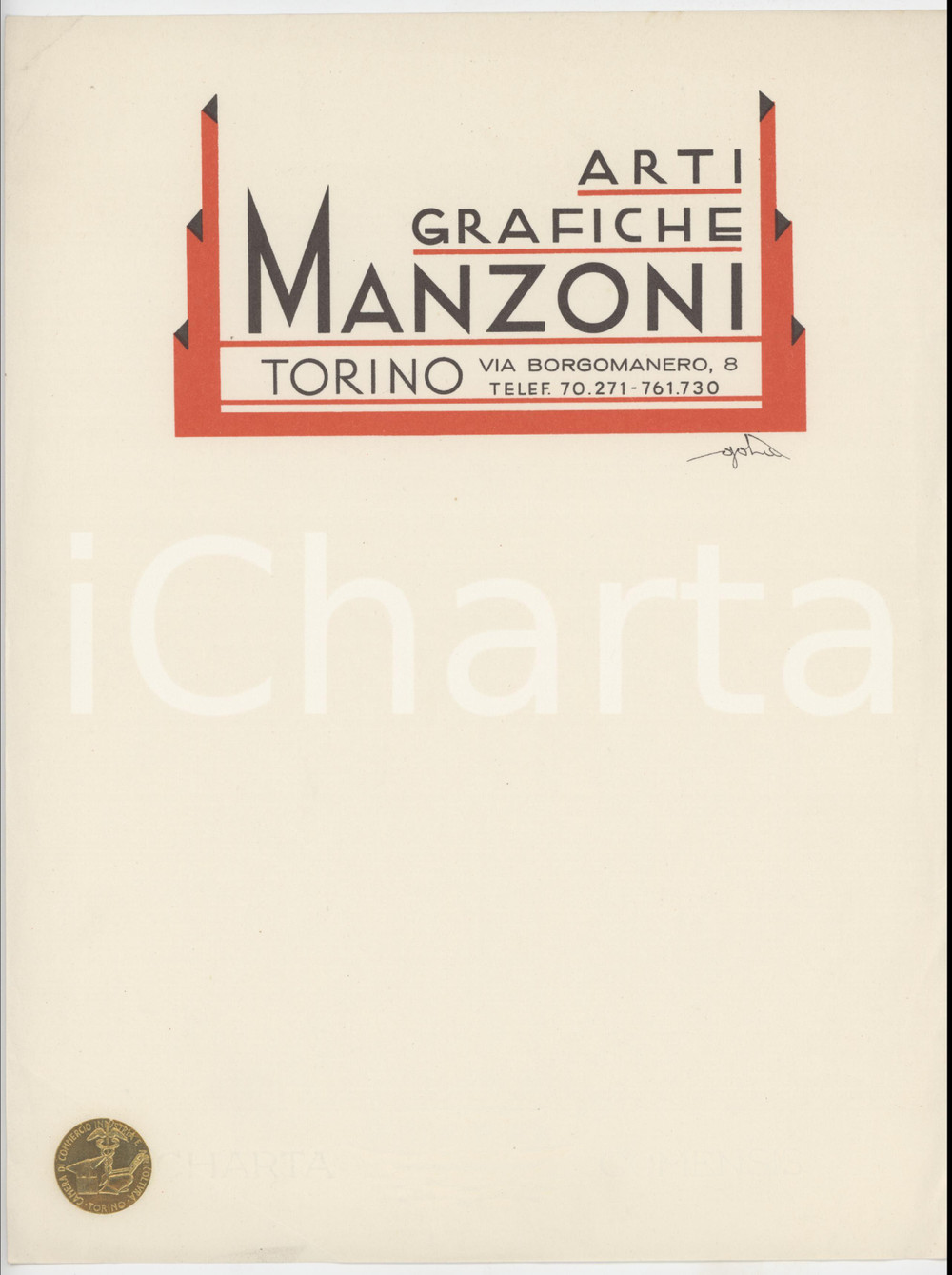 Documento originale, autentico 1930 ca TORINO Via Borgomanero 8  Arti Grafiche MANZONI  Carta intestata 1