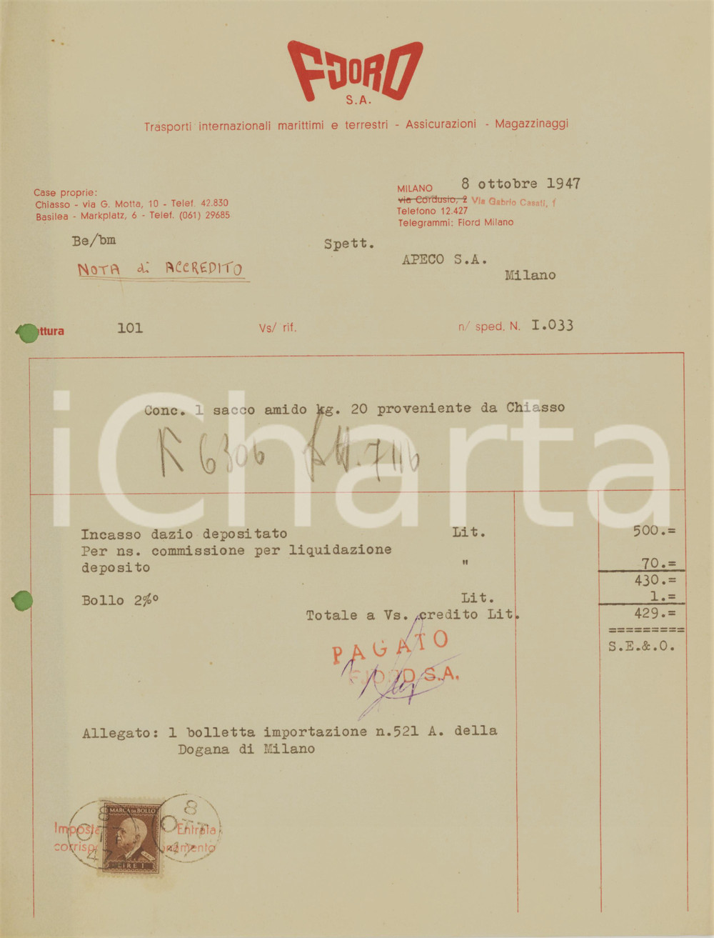 Documento originale, autentico 1947 MILANO Via Gabrio Casati 1  FJORD S.A. Trasporto di amido  Fattura 1
