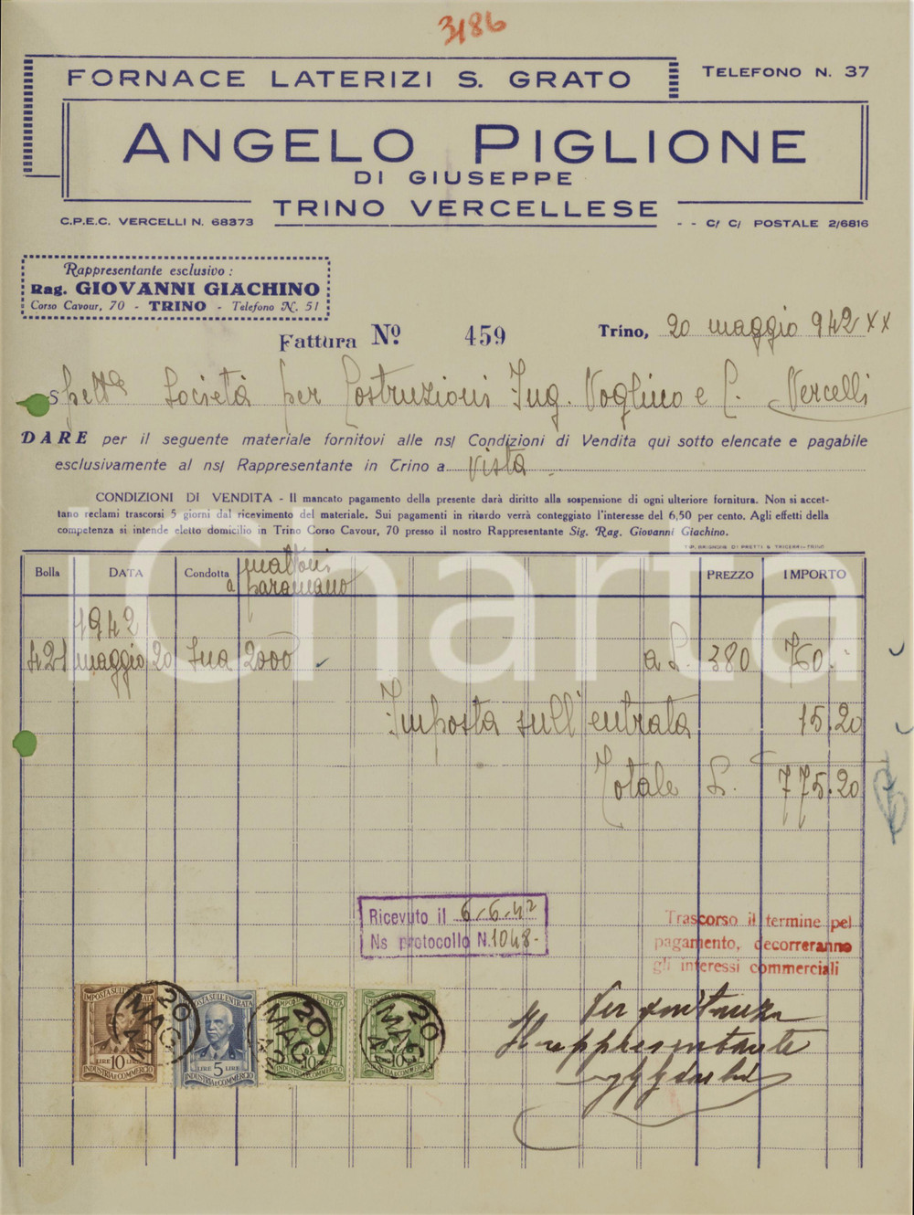 Documento originale, autentico 1942 TRINO VERCELLESE  Fornace Laterizi S. Grato Angelo PIGLIONE  Fattura 1