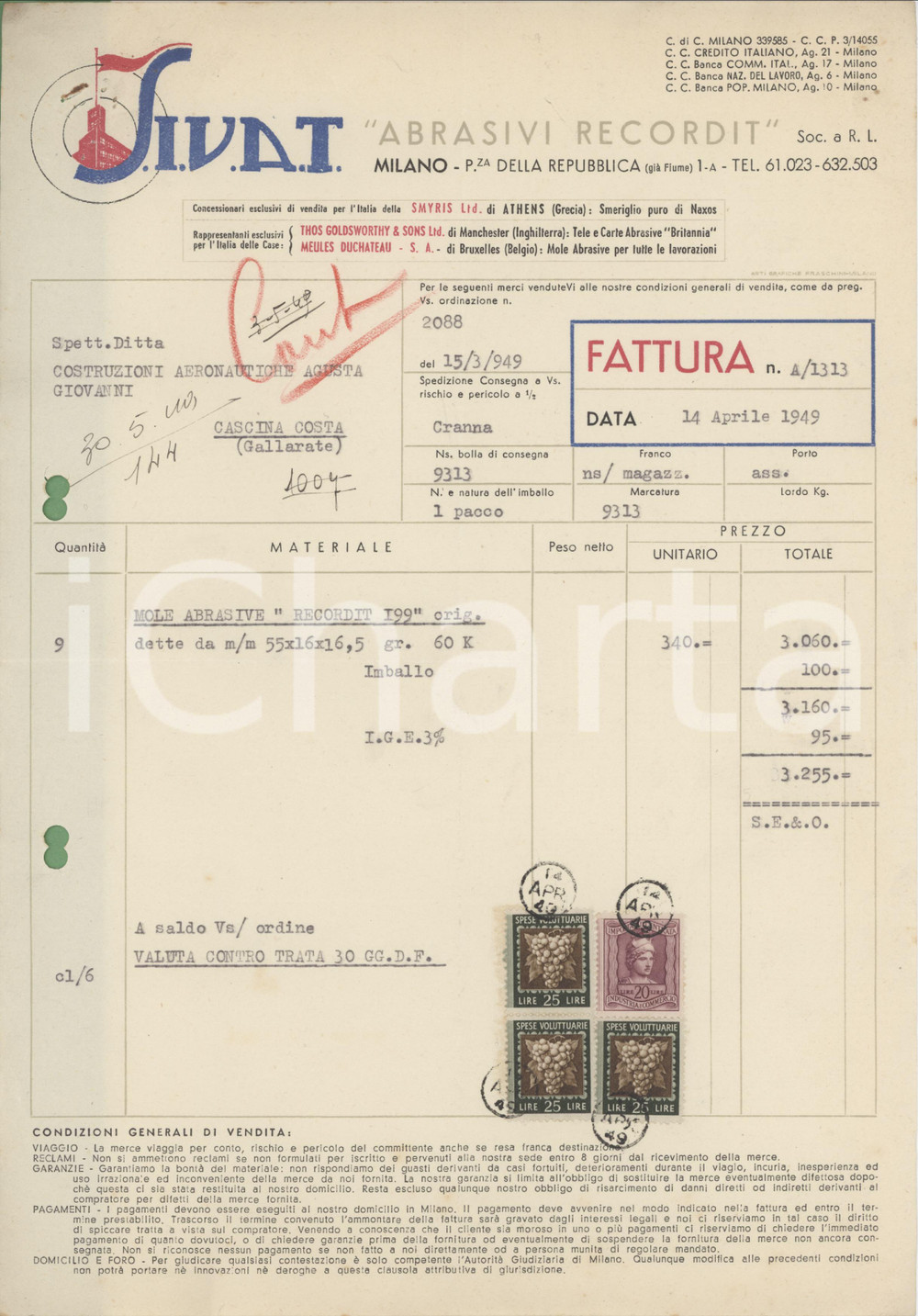 Documento originale, autentico 1949 MILANO P.zza della Repubblica 1/A  SIVAT Abrasivi RECORDIT  Fattura 1