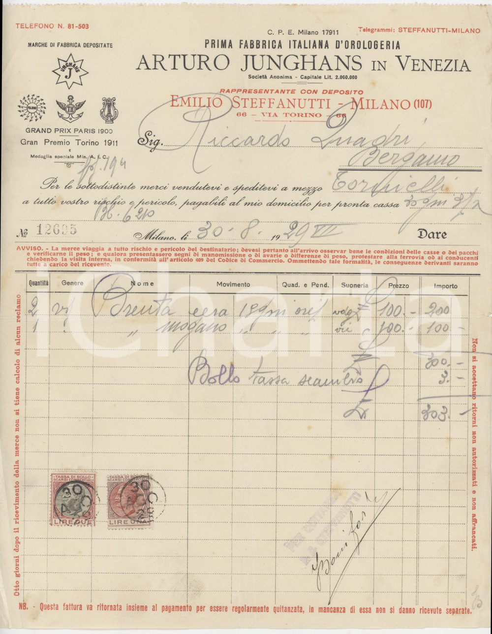 Documento originale, autentico 1929 VENEZIA  Arturo JUNGHANS Prima Fabbrica d orologeria  Fattura 1