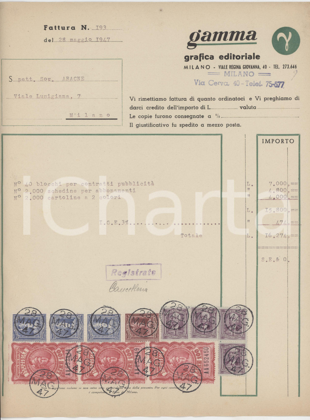 Documento originale, autentico 1947 MILANO Viale Regina Giovanna 40  GAMMA Lavori tipografici  Fattura 2 1