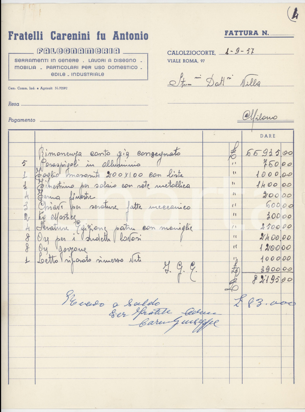 Documento originale, autentico 1957 CALOLZIOCORTE LC Fratelli CARENINI fu Antonio Falegnameria  Fattura 3 1