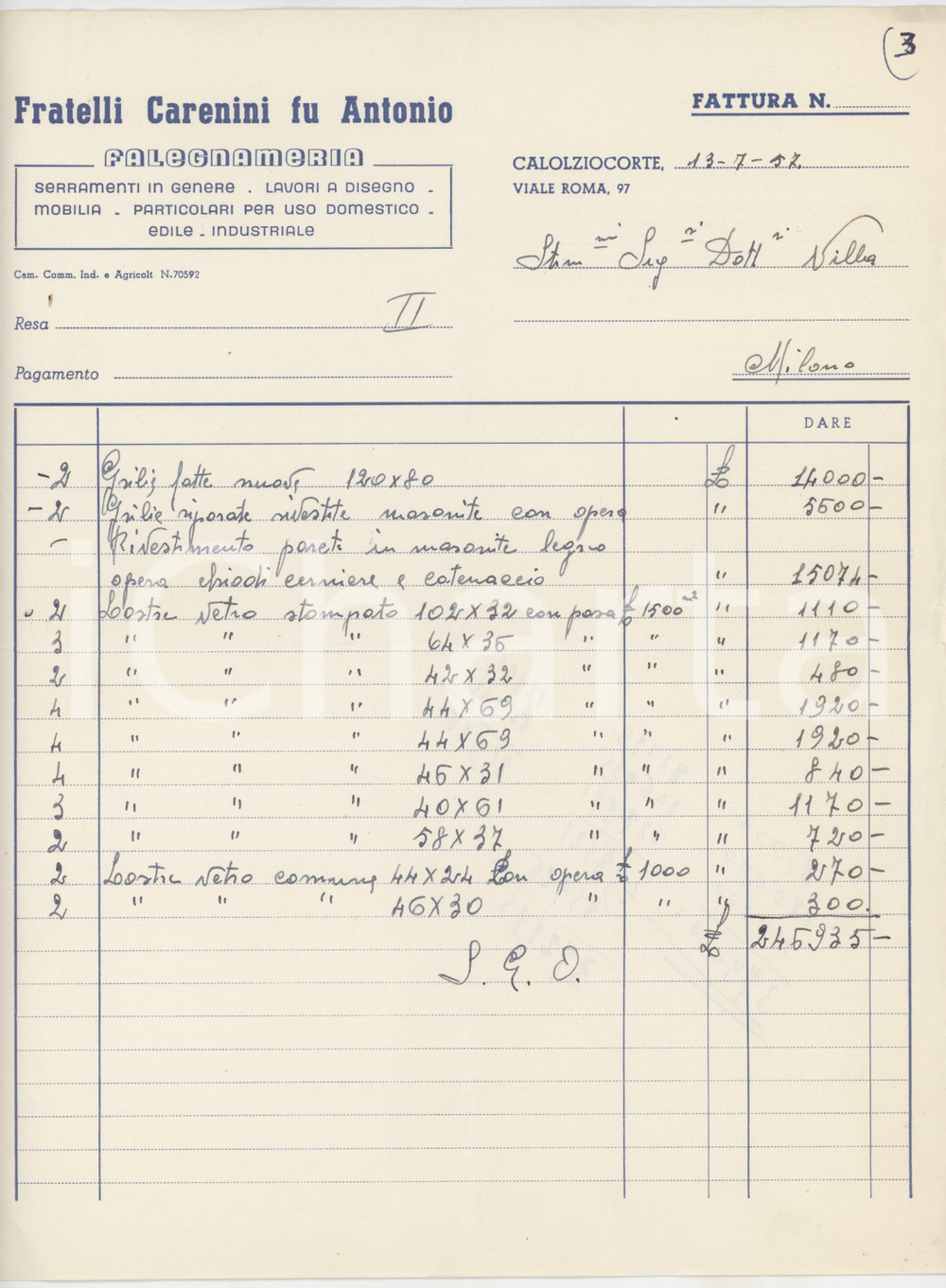 Documento originale, autentico 1957 CALOLZIOCORTE LC Fratelli CARENINI fu Antonio Falegnameria  Fattura 2 1