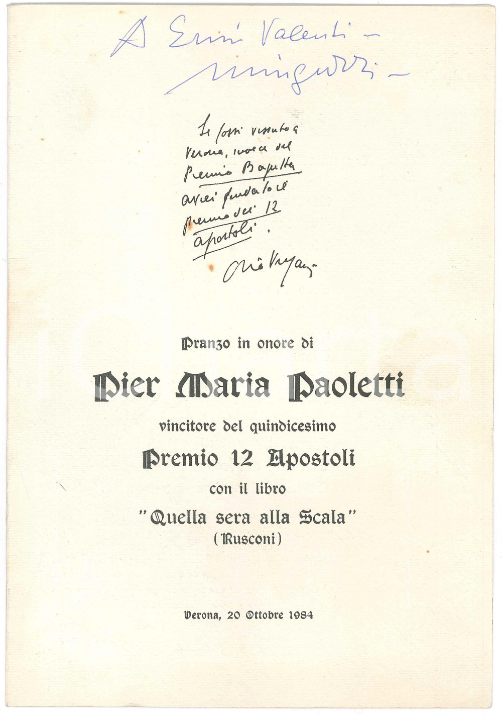 Autografo originale 1984 VERONA MenÃ¹ con AUTOGRAFO Luciano MINGUZZI  Pranzo Premio 12 APOSTOLI 1