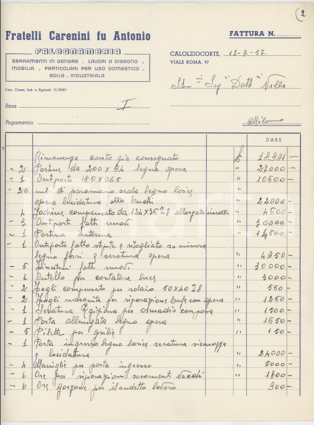 Documento originale, autentico 1957 CALOLZIOCORTE LC Fratelli CARENINI fu Antonio Falegnameria  Fattura 1 1