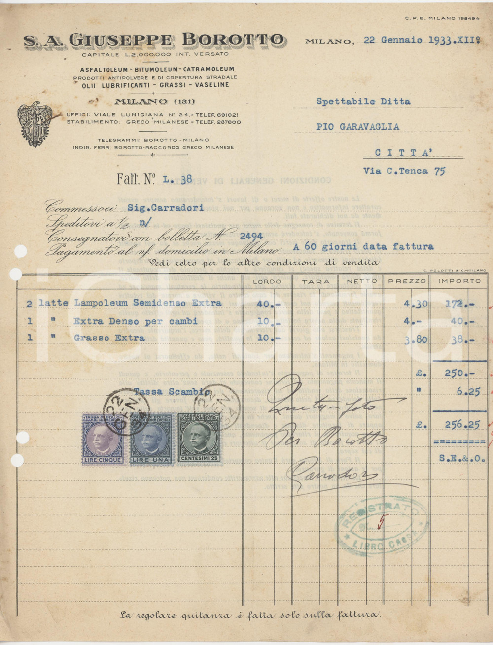 Documento originale, autentico 1933 MILANO Viale Lunigiana 24  Giuseppe BOROTTO Olii lubrificanti  Fattura 1