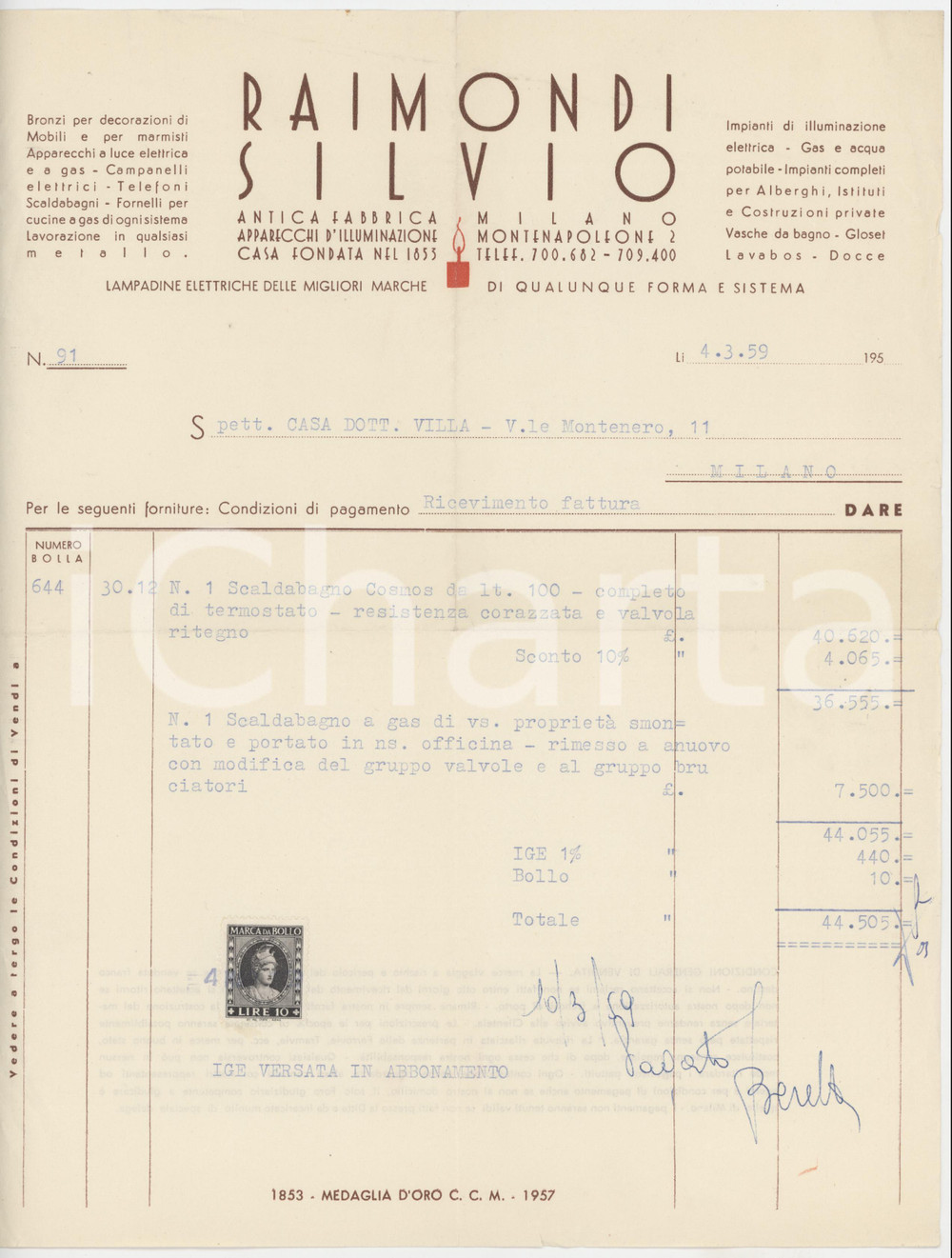 Documento originale, autentico 1959 MILANO Via Montenapoleone 2  Ditta Silvio RAIMONDI Scaldabagni  Fattura 1