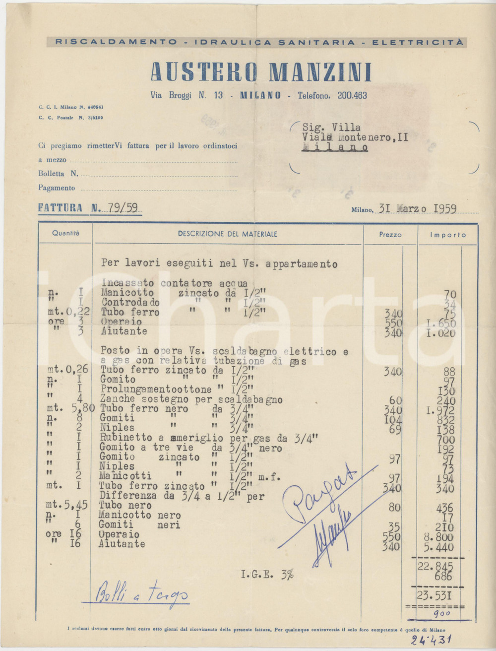 Documento originale, autentico 1959 MILANO Via Broggi 13  Ditta Austero MANZINI Lavori di idraulica  Fattura 1