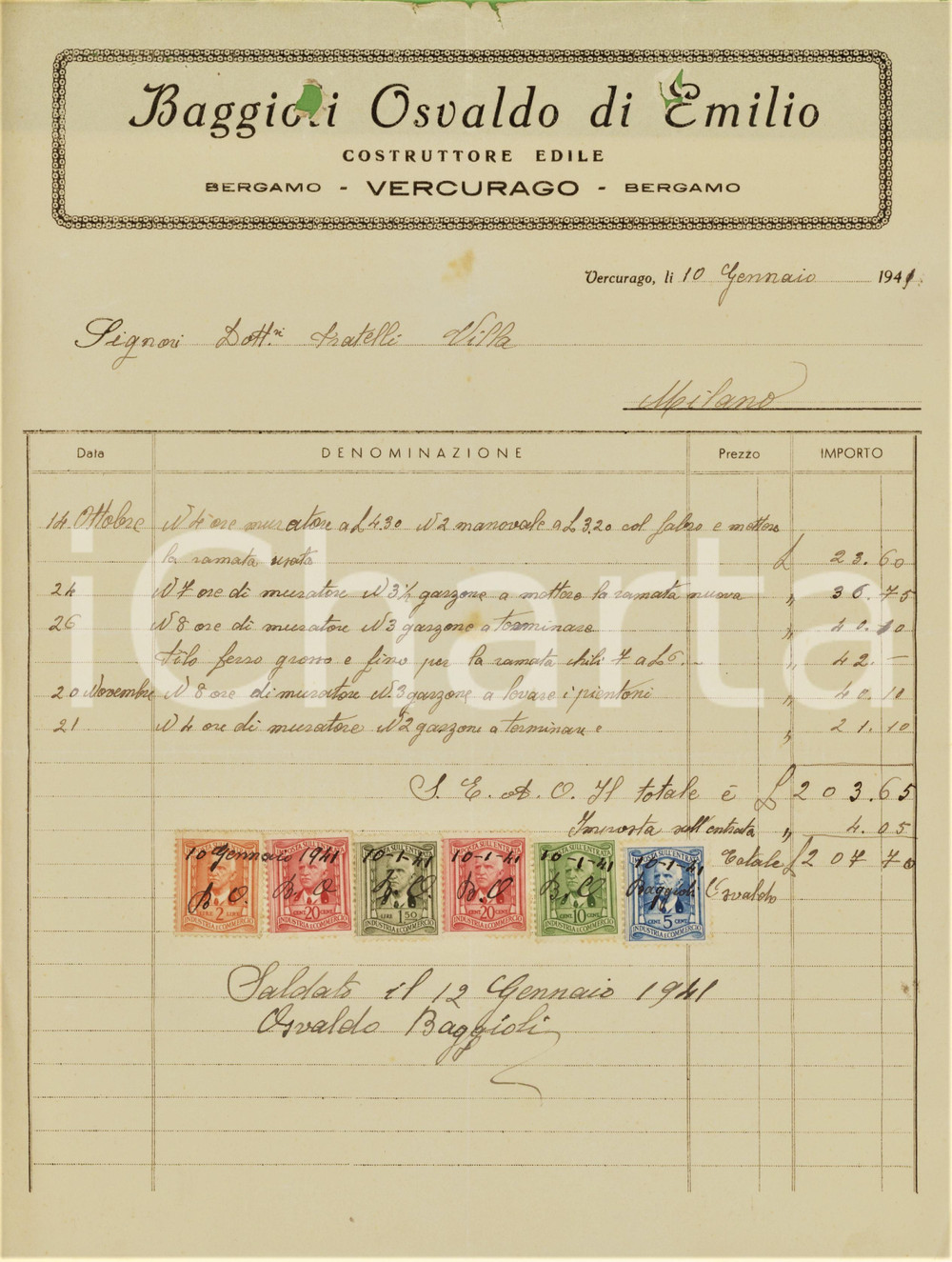 Documento originale, autentico 1941 VERCURAGO LC BAGGIOLI Osvaldo di Emilio  Costruzioni edili  Fattura 1