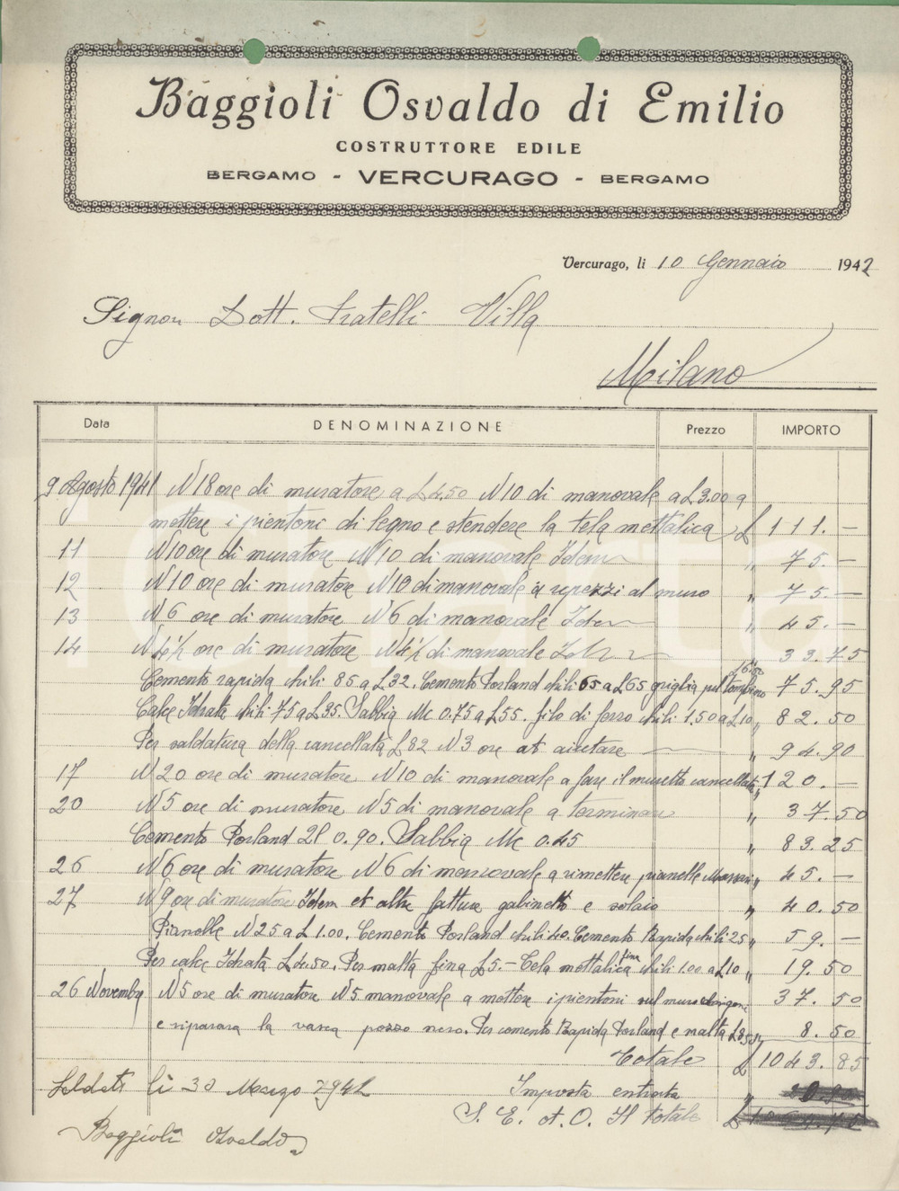 Documento originale, autentico 1942 VERCURAGO LC  BAGGIOLI Osvaldo di Emilio Costruzioni edili  Fattura 1