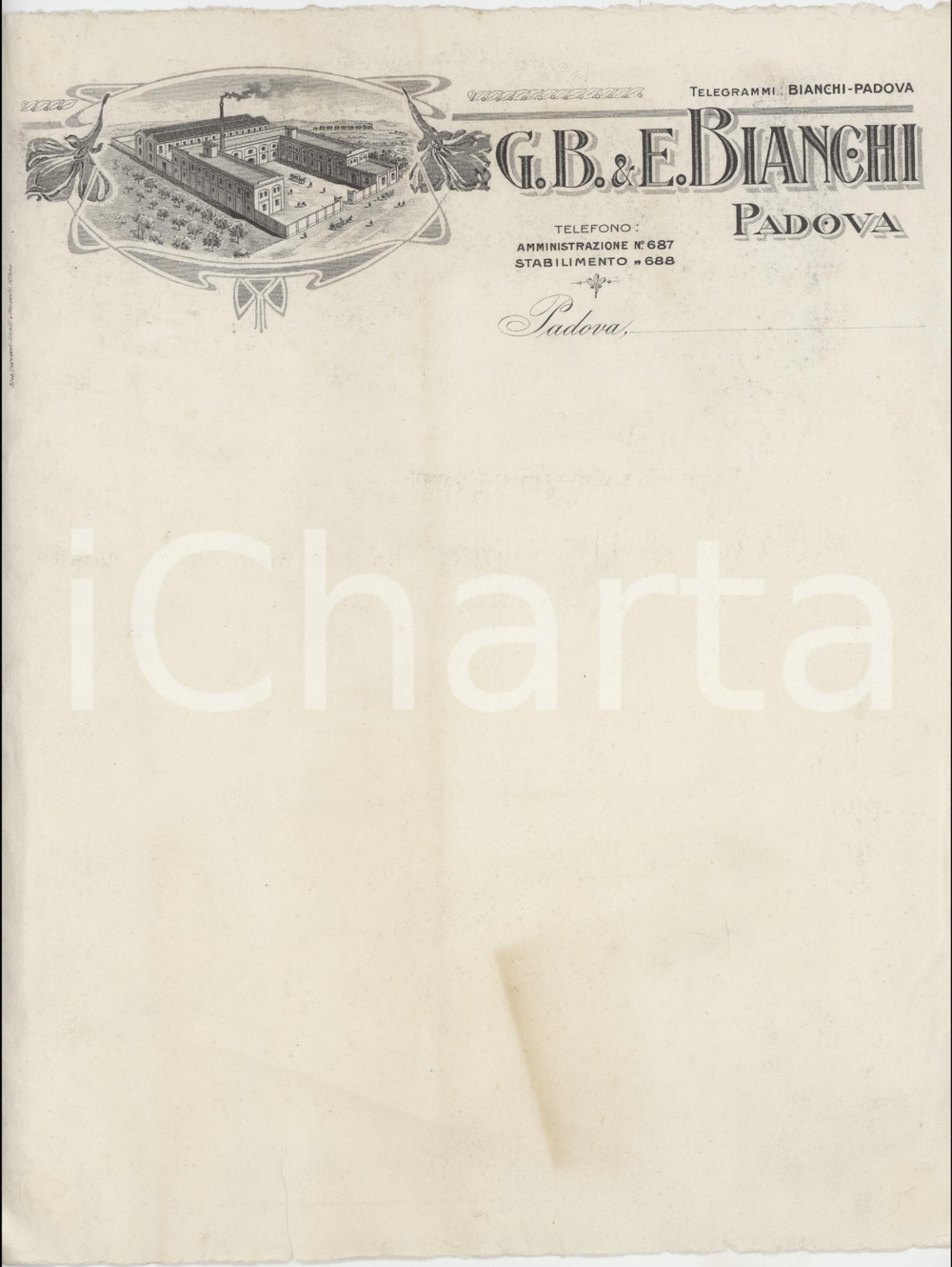 Documento originale, autentico 1900 ca PADOVA  G. B. & E. BIANCHI  Carta intestata illustrata 1