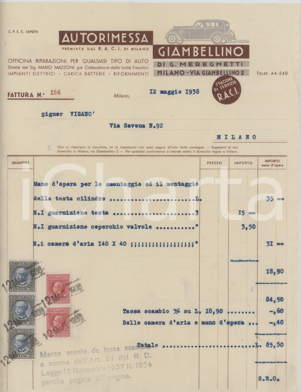 Documento originale, autentico 1938 MILANO Via Giambellino 2 Autorimessa GIAMBELLINO di G. MEREGHETTI  Fattura 1