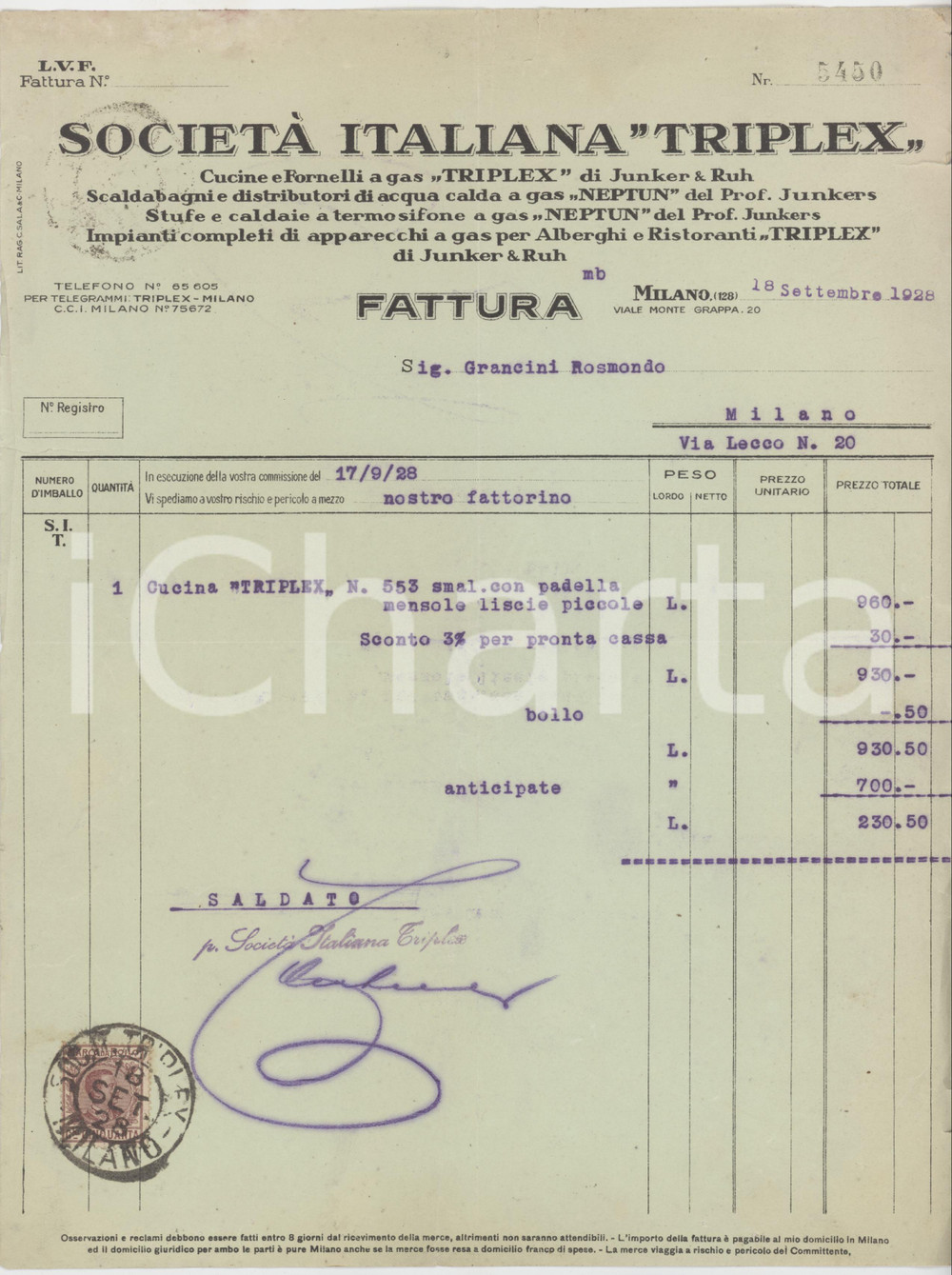 Documento originale, autentico 1928 MILANO Viale Monte Grappa 20  SocietÃ  Italiana TRIPLEX Cucine  Fattura 1