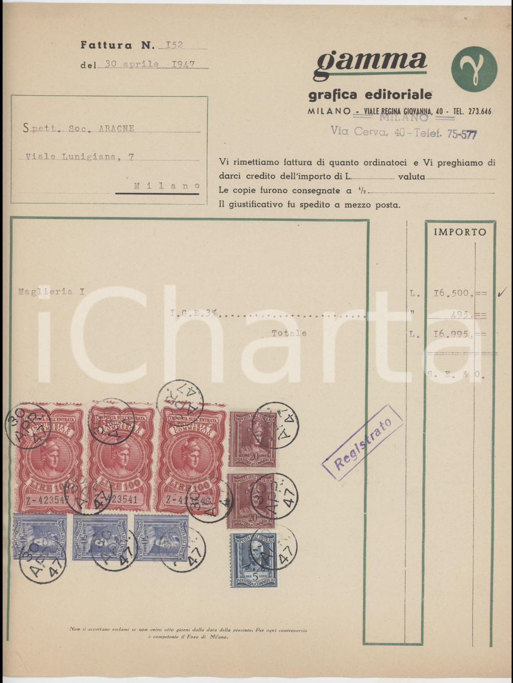 Documento originale, autentico 1947 MILANO Viale Regina Giovanna 40  GAMMA Lavori tipografici  Fattura 3 1