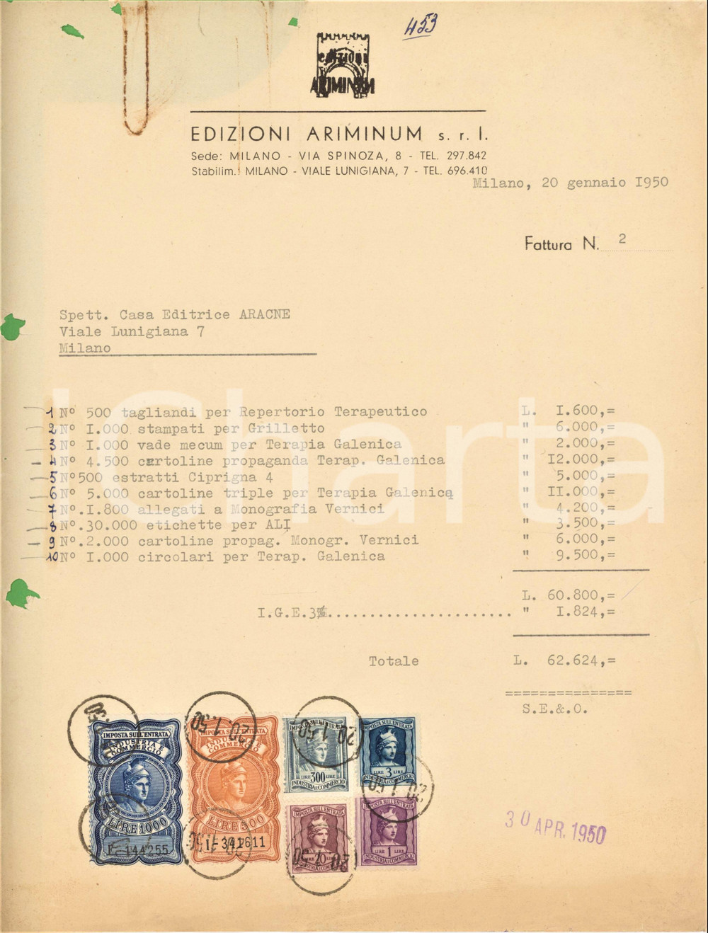 Documento originale, autentico 1950 MILANO Via Spinoza 8  Edizioni ARIMINUM Lavori tipografici  Fattura 1