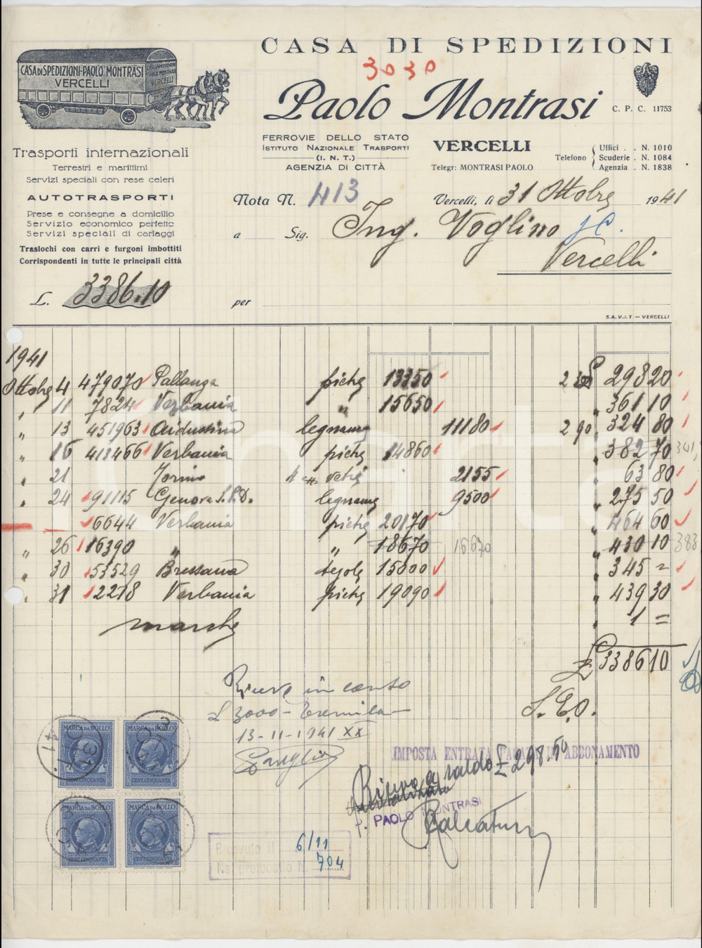 Documento originale, autentico 1941 VERCELLI  Casa di spedizioni Paolo MONTRASI Trasporti  Fattura 1