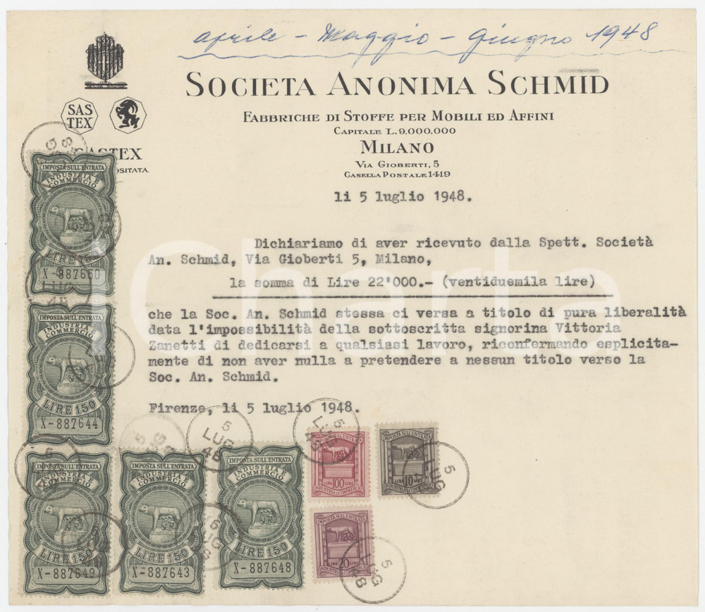 Documento originale, autentico 1948 MILANO Via Gioberti 5  SocietÃ  Anonima SCHMID Stoffe per mobili  Ricevuta 1