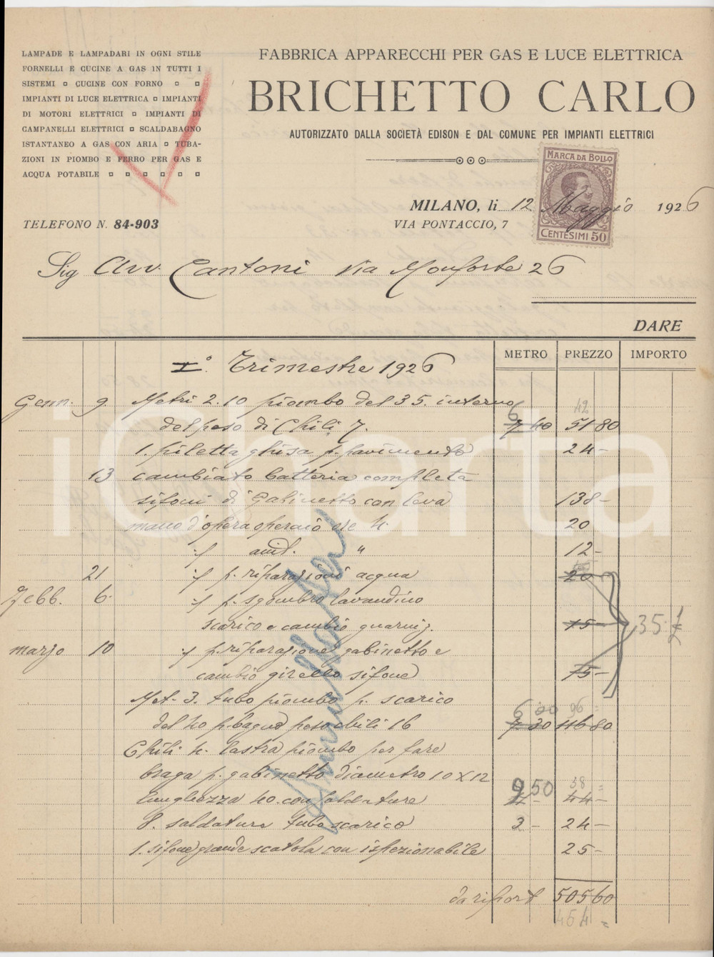 Documento originale, autentico 1926 MILANO Via Pontaccio 7  Carlo BRICHETTO Apparecchi per gas e luce Fattura 1