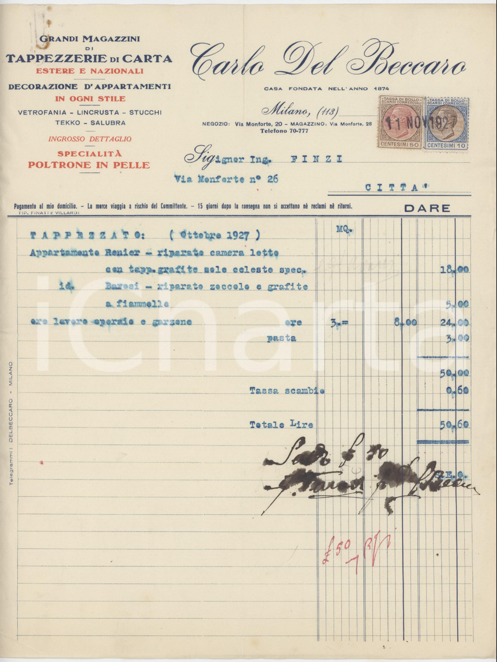 Documento originale, autentico 1927 MILANO Via Monforte 20  Carlo DEL BECCARO Tappezzerie di carta  Fattura 1