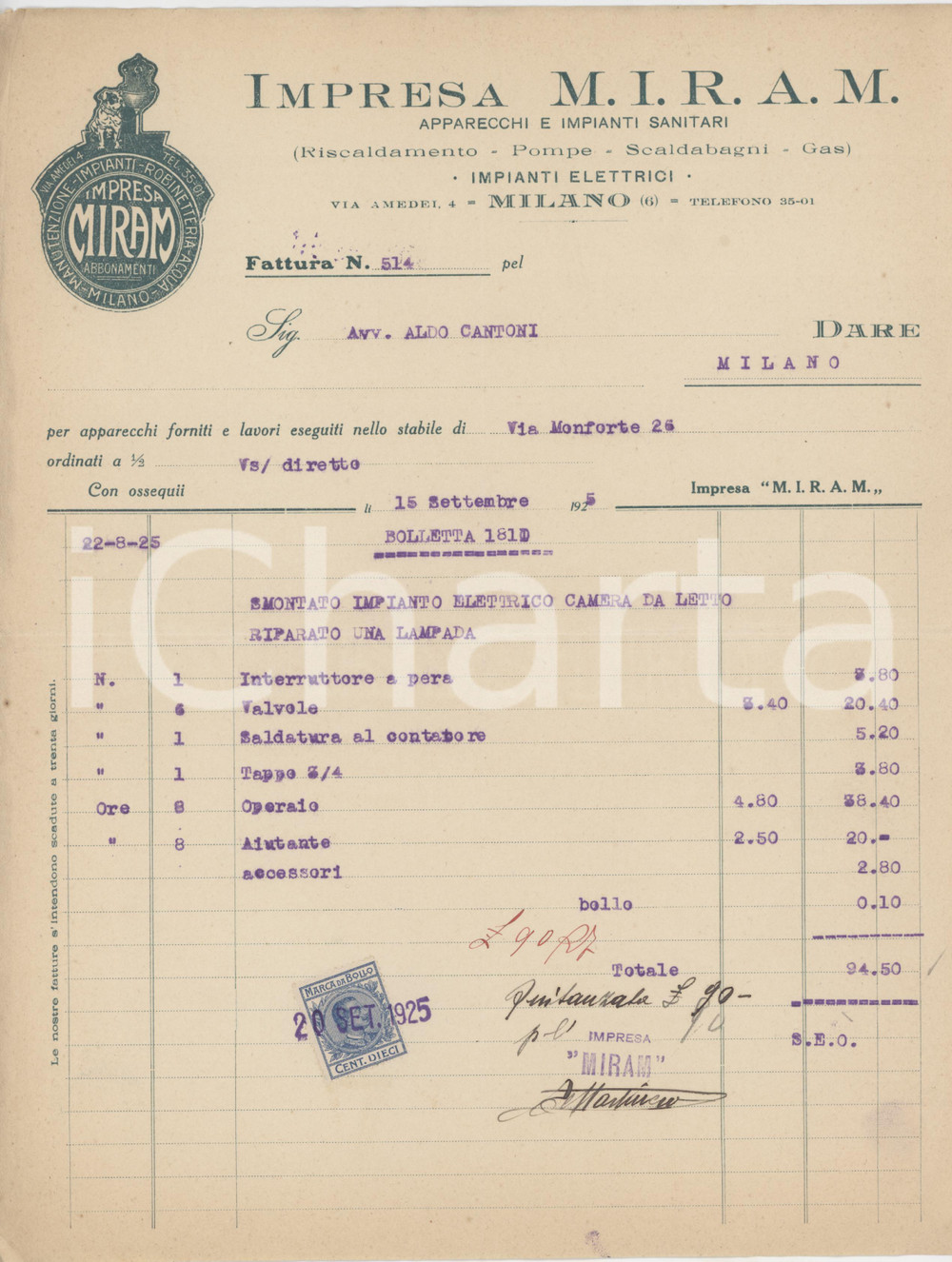 Documento originale, autentico 1925 MILANO Via Amedei 4  Impresa MIRAM Impianti elettrici e sanitari  Fattura 1