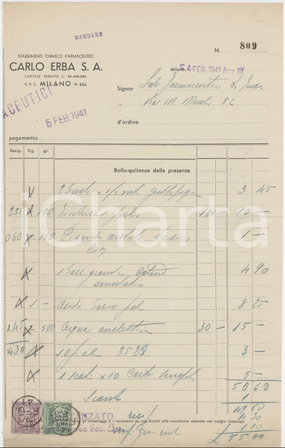 Documento originale, autentico 1941 MILANO  Carlo ERBA S.A. Stabilimenti Chimico Farmaceutici  Fattura 1