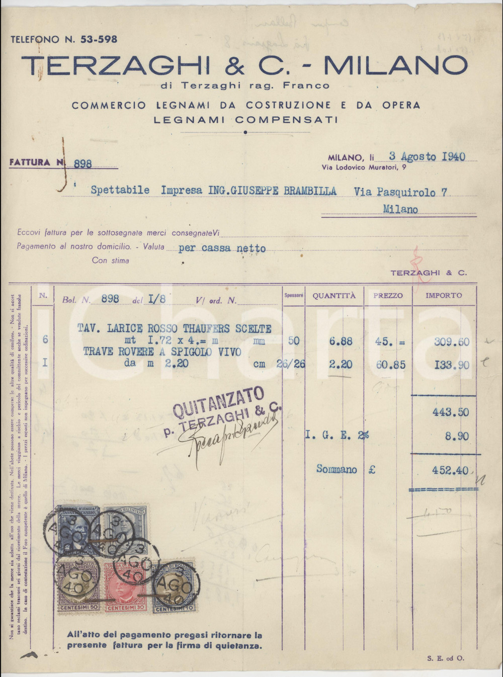 1940 MILANO Via Pasquirolo 7 - TERZAGHI & C. Commercio di legnami - Fattura