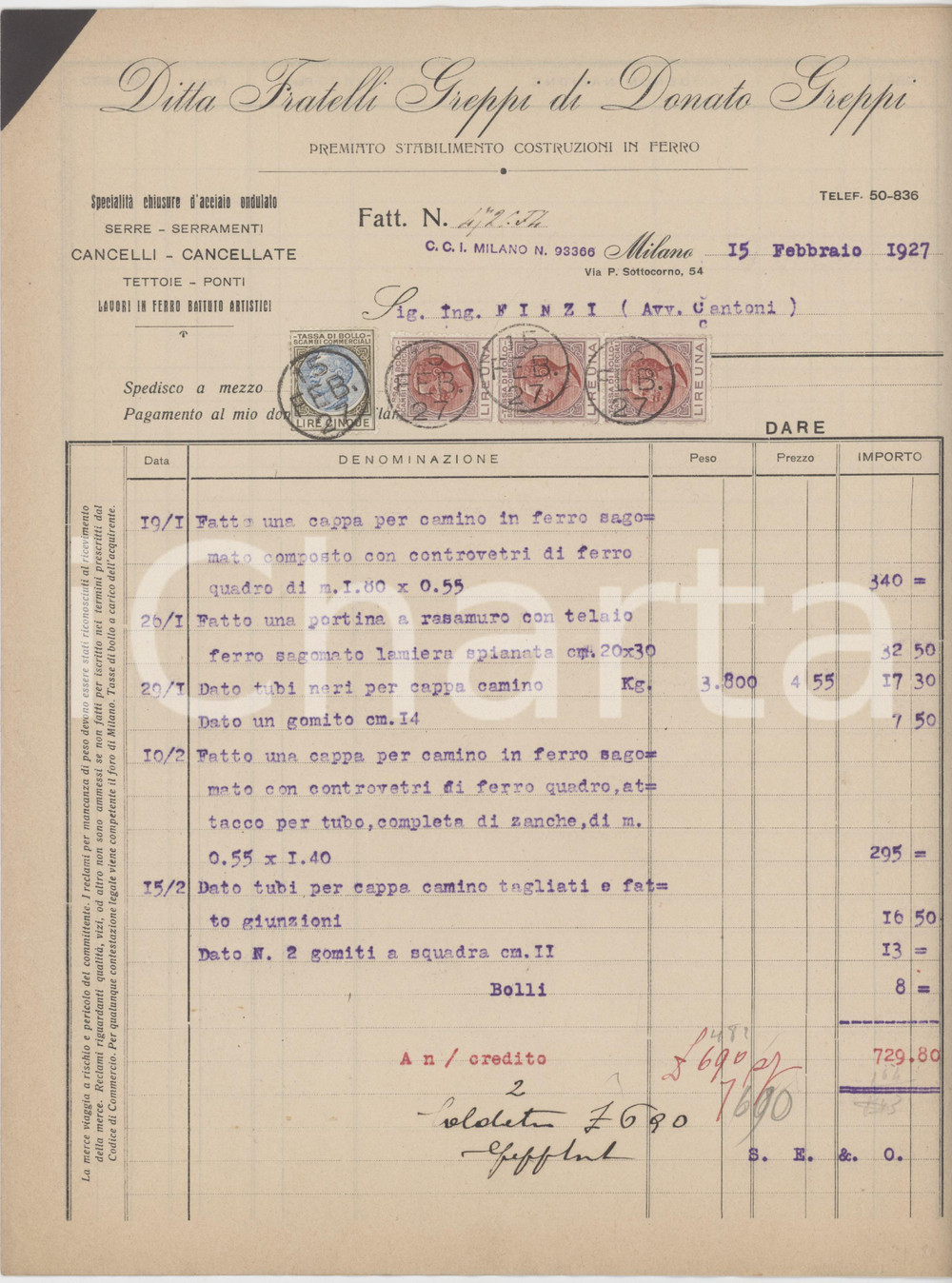 Documento originale, autentico 1927 MILANO Via P. Sottocorno 54 Fratelli GREPPI Costruzioni in ferro  Fattura 1