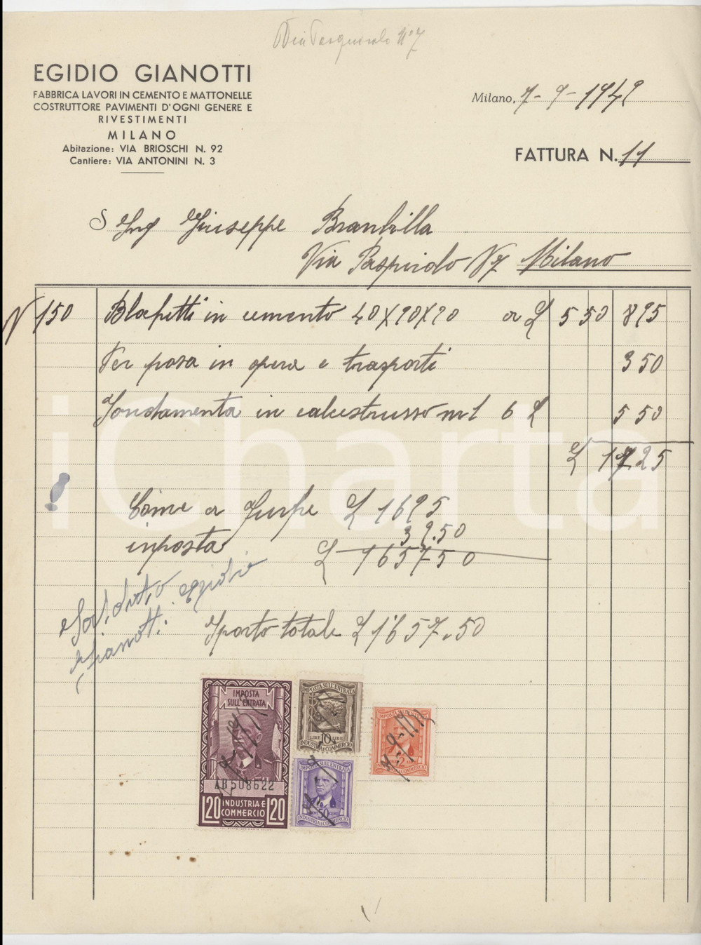 Documento originale, autentico 1949 MILANO Via Brioschi 92  Egidio GIANOTTI Lavori in cemento  Fattura 1