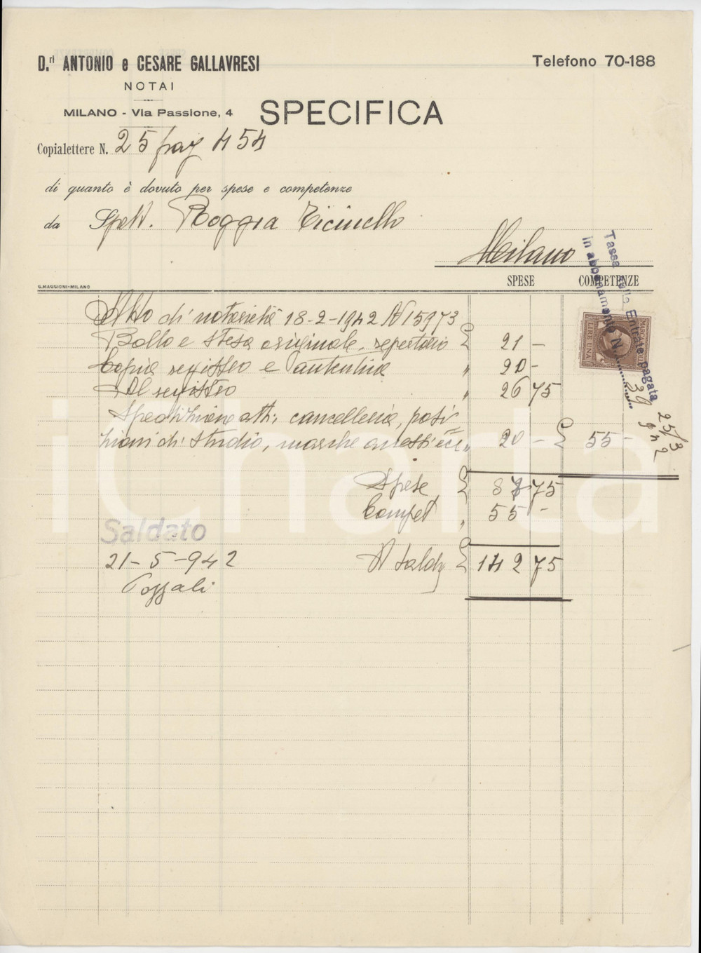 Documento originale, autentico 1942 MILANO Via Passione 4  Notai Antonio e Cesare GALLAVRESI  Nota spese 1