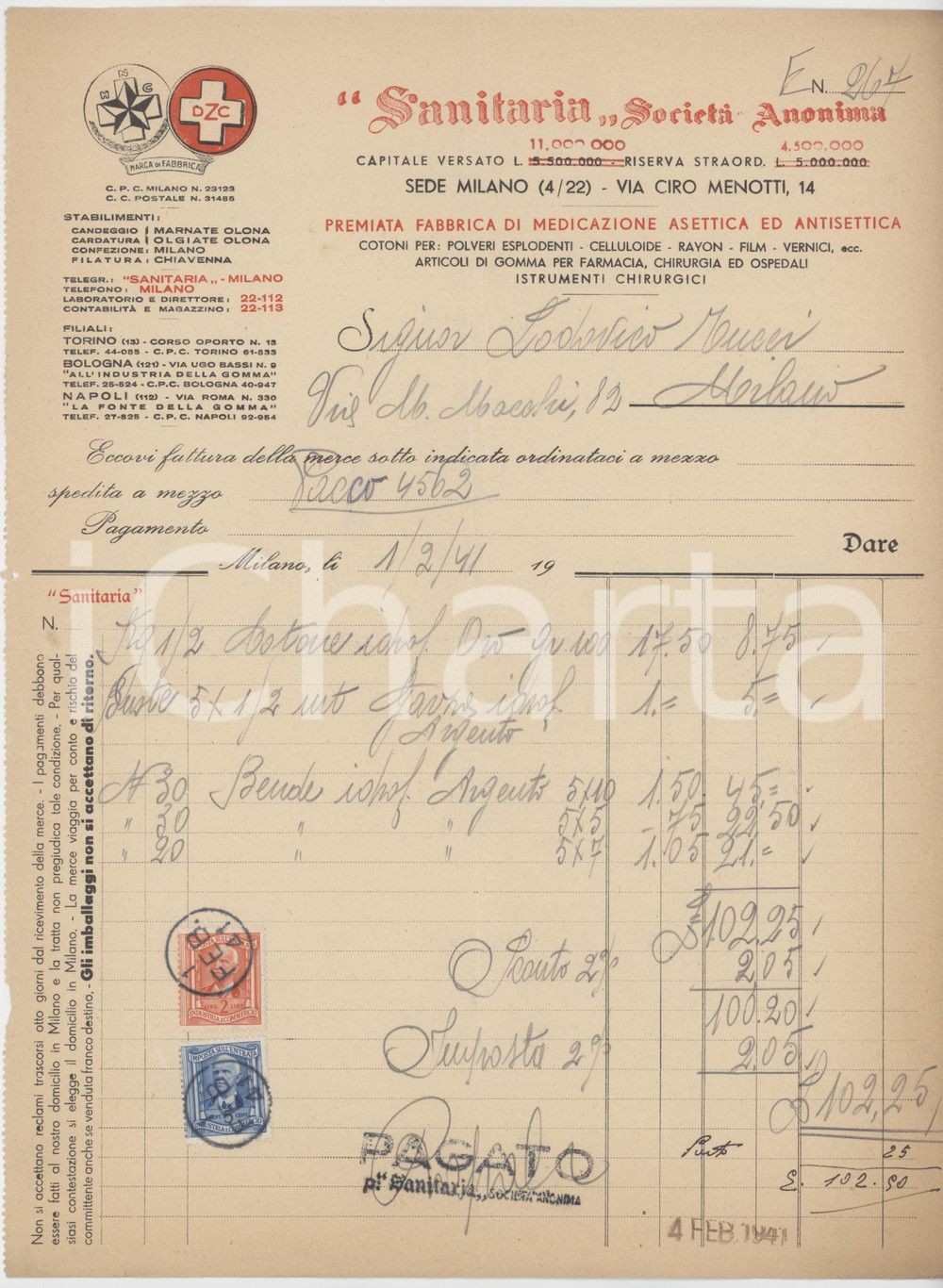 Documento originale, autentico 1941 MILANO Via Ciro Menotti 14 S.A. SANITARIA Cotone e bende idrofile  Fattura 1