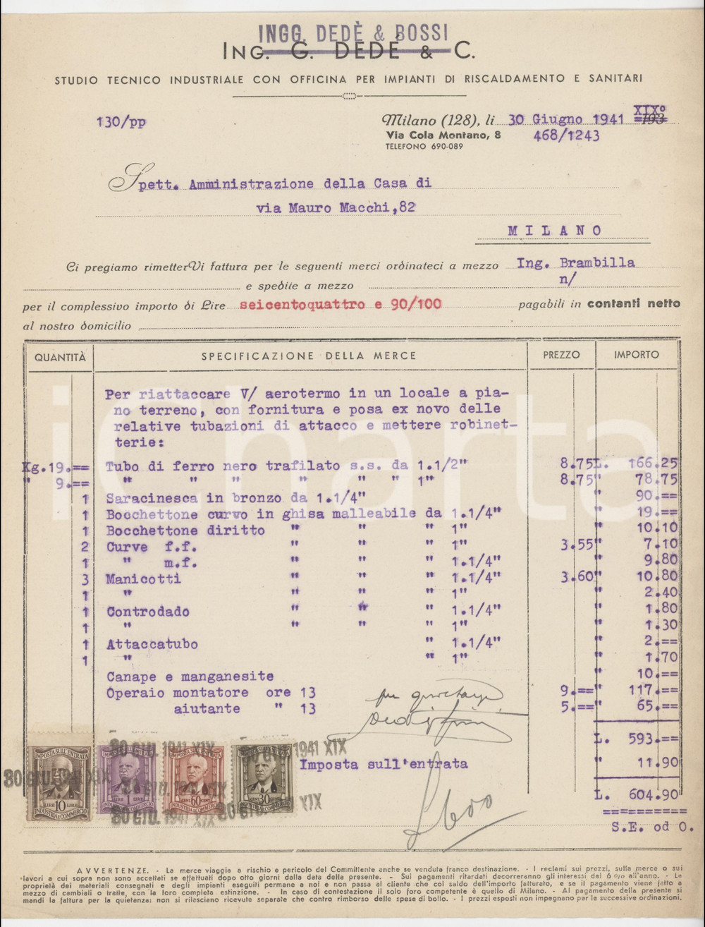 Documento originale, autentico 1941 MILANO Via Cola Montano 8 DEDÃˆ & BOSSI Impianti di riscaldamento  Fattura 1