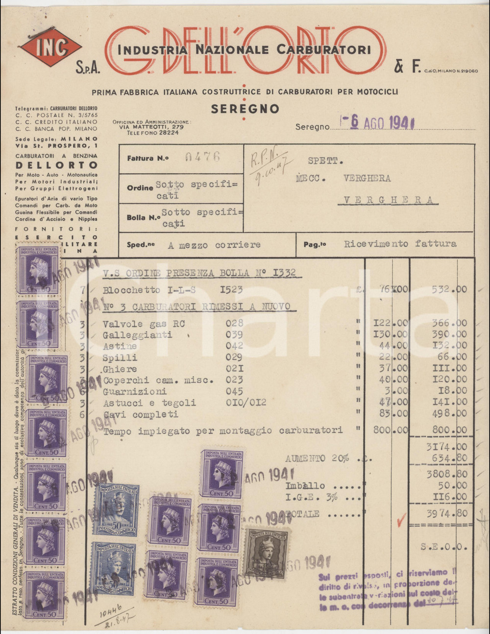 Documento originale, autentico 1941 SEREGNO MB  G. DELL ORTO Industria Nazionale Carburatori  Fattura 1