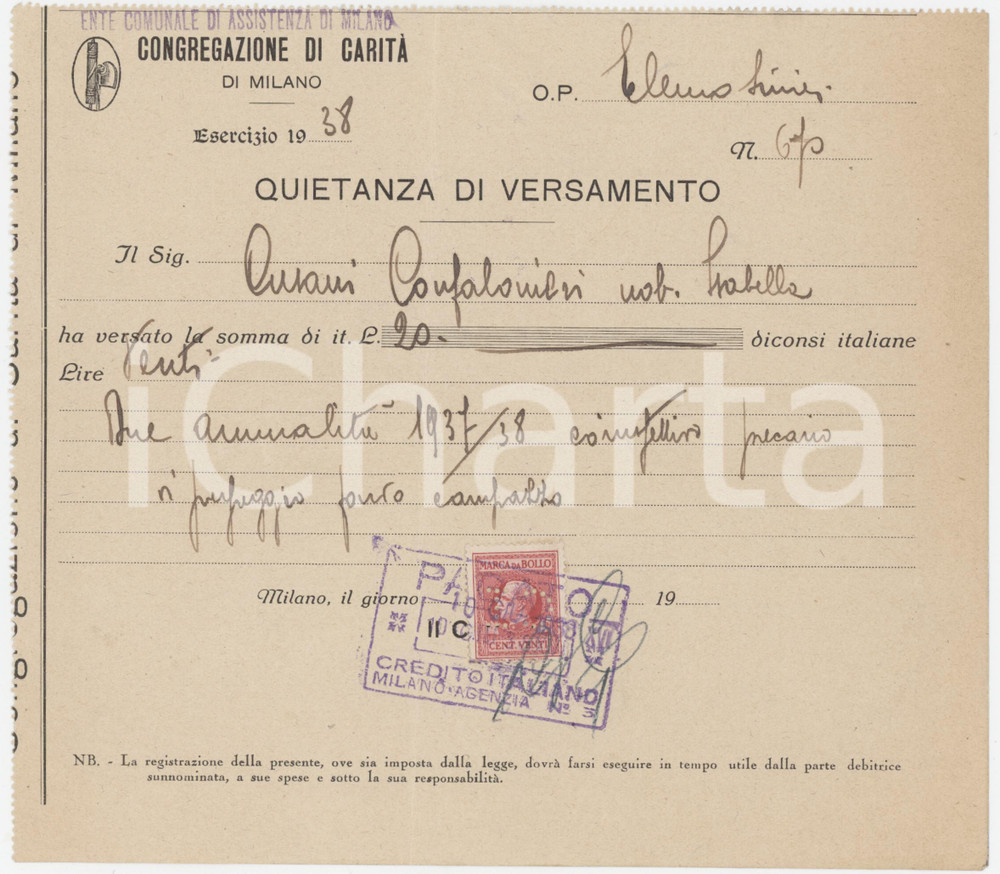 Documento originale, autentico 1938 MILANO CONGREGAZIONE DI CARITÃ€  Quietanza di versamento 2 1