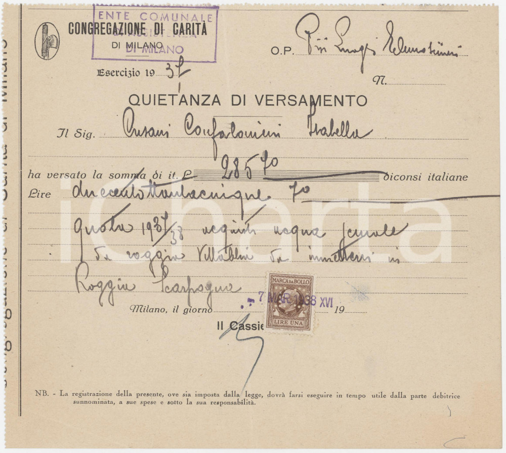 Documento originale, autentico 1938 MILANO CONGREGAZIONE DI CARITÃ€  Quietanza di versamento 1 1
