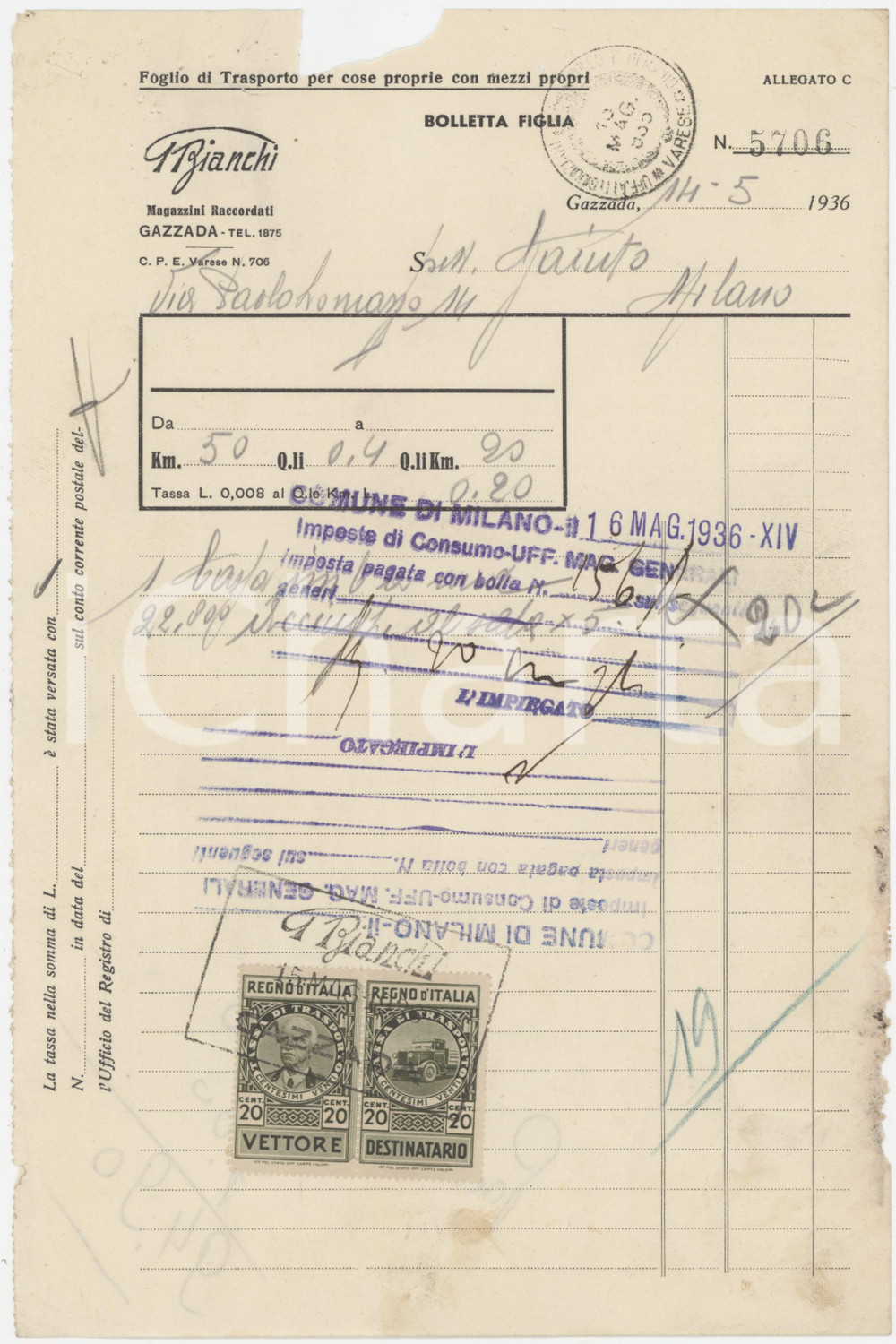 Documento originale, autentico 1936 GAZZADA SCHIANNO VA G. BIANCHI Magazzini Raccordati  Foglio di trasporto 1