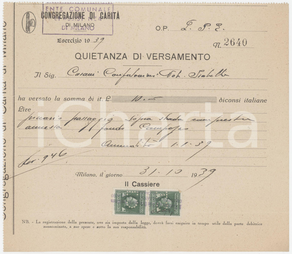Documento originale, autentico 1939 MILANO CONGREGAZIONE DI CARITÃ€  Quietanza di versamento 3 1