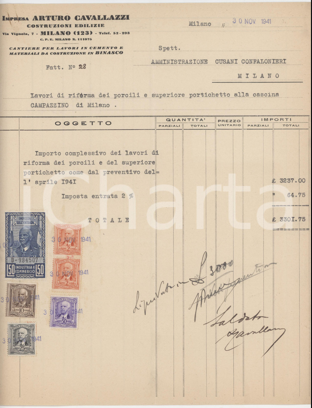 1941 MILANO Via Vignola 7 - Arturo CAVALLAZZI Costruzioni edilizie - Fattura