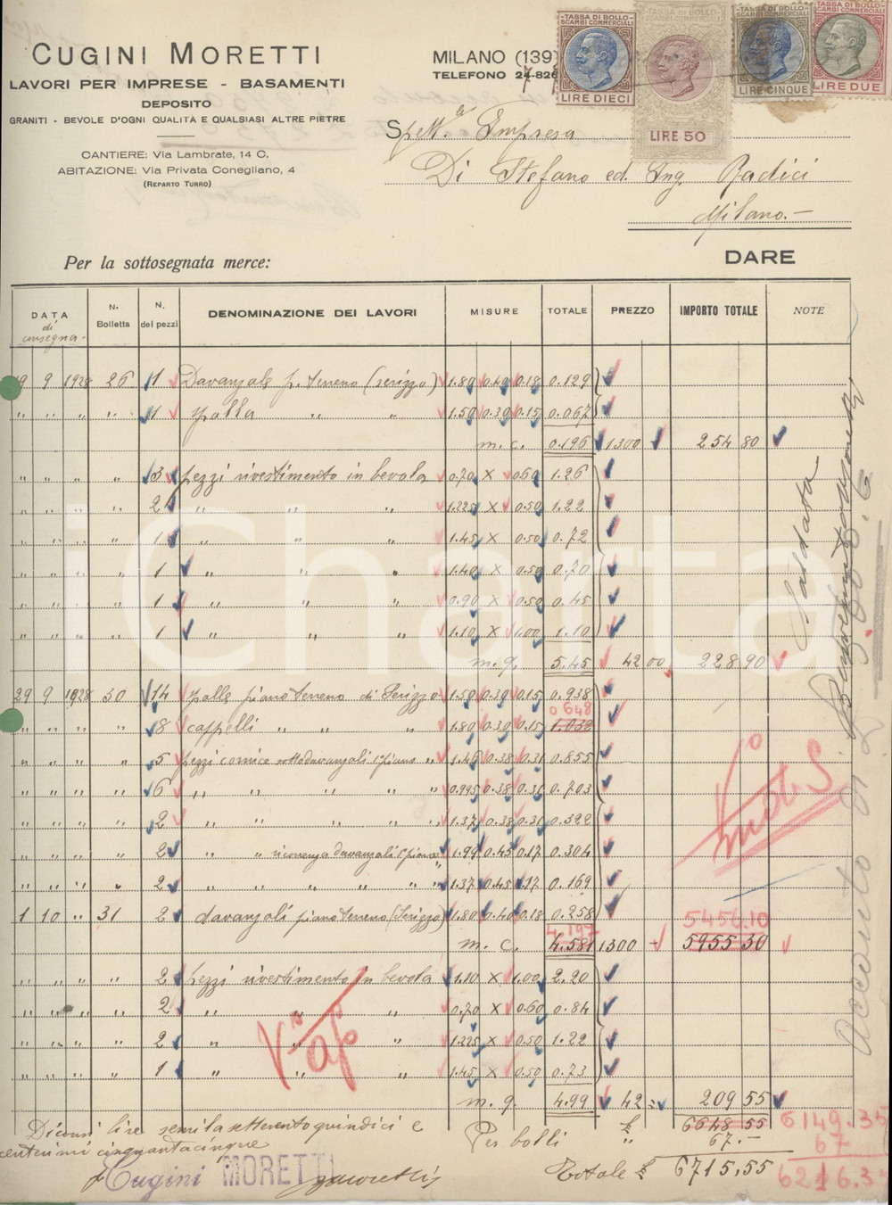 Documento originale, autentico 1928 MILANO Via Lambrate 14/C  Cugini MORETTI Lavori per imprese  Fattura 1