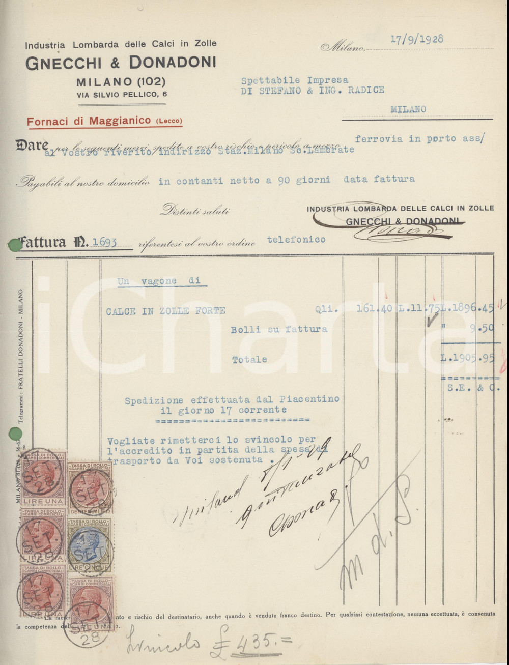 Documento originale, autentico 1928 MILANO Via S. Pellico 6  GNECCHI & DONADONI Industria delle calci Fattura 1
