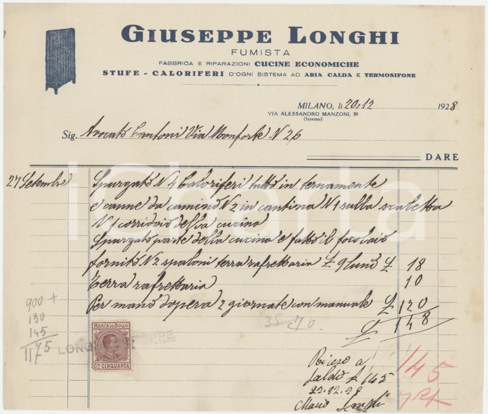 Documento originale, autentico 1928 MILANO Via A. Manzoni 39  Giuseppe LONGHI Riparazione caloriferi  Fattura 1