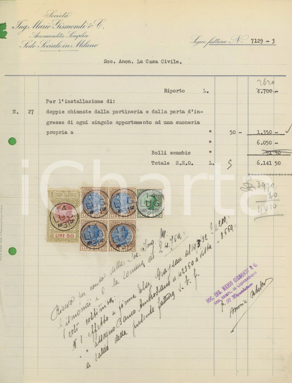 1931 MILANO - Società Ing. Mario GISMONDI & C. Installazione antifurto - Fattura