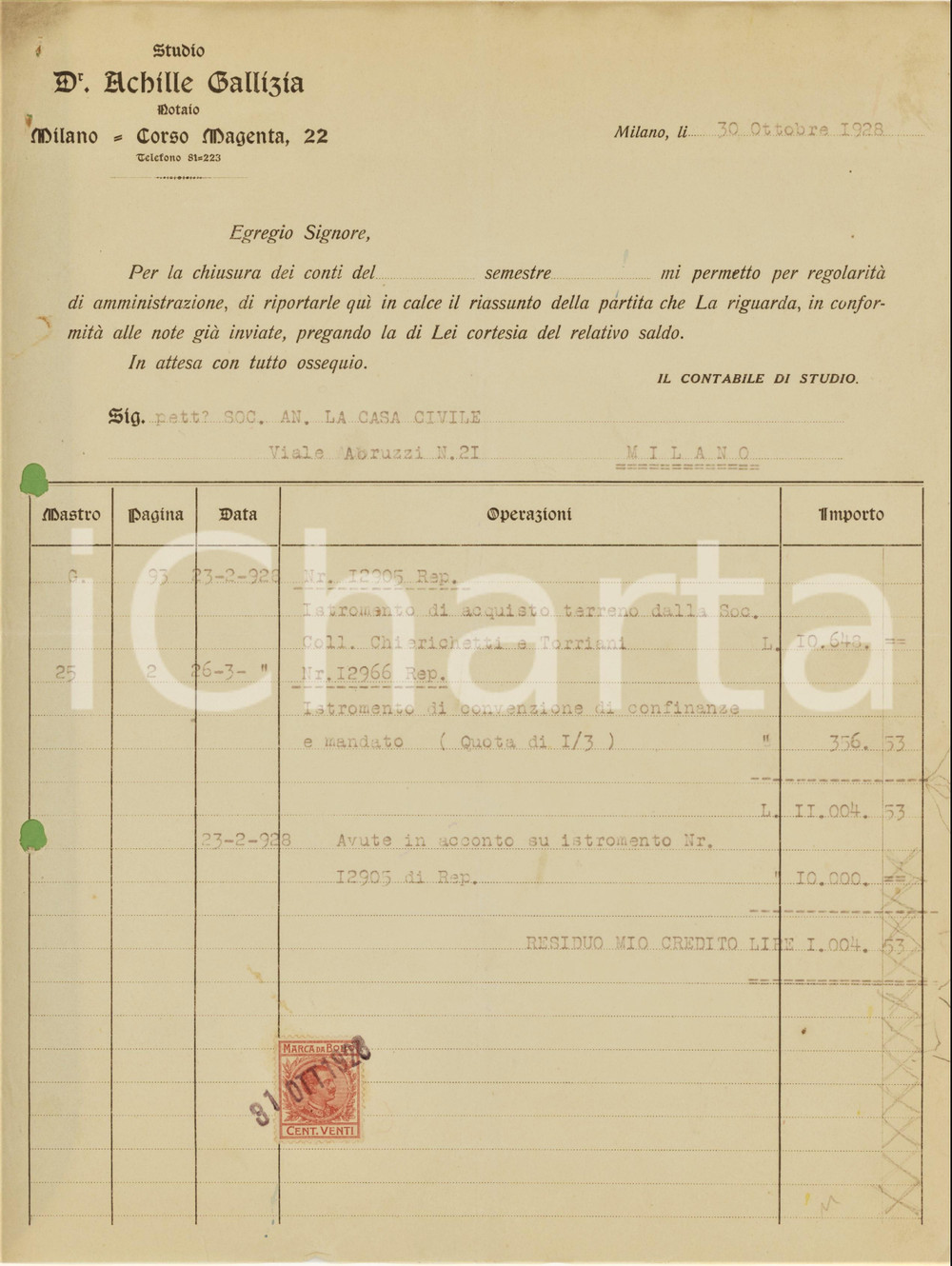 1928 MILANO Corso Magenta 22 - Notaio Dr. Achille GALLIZIA - Nota spese