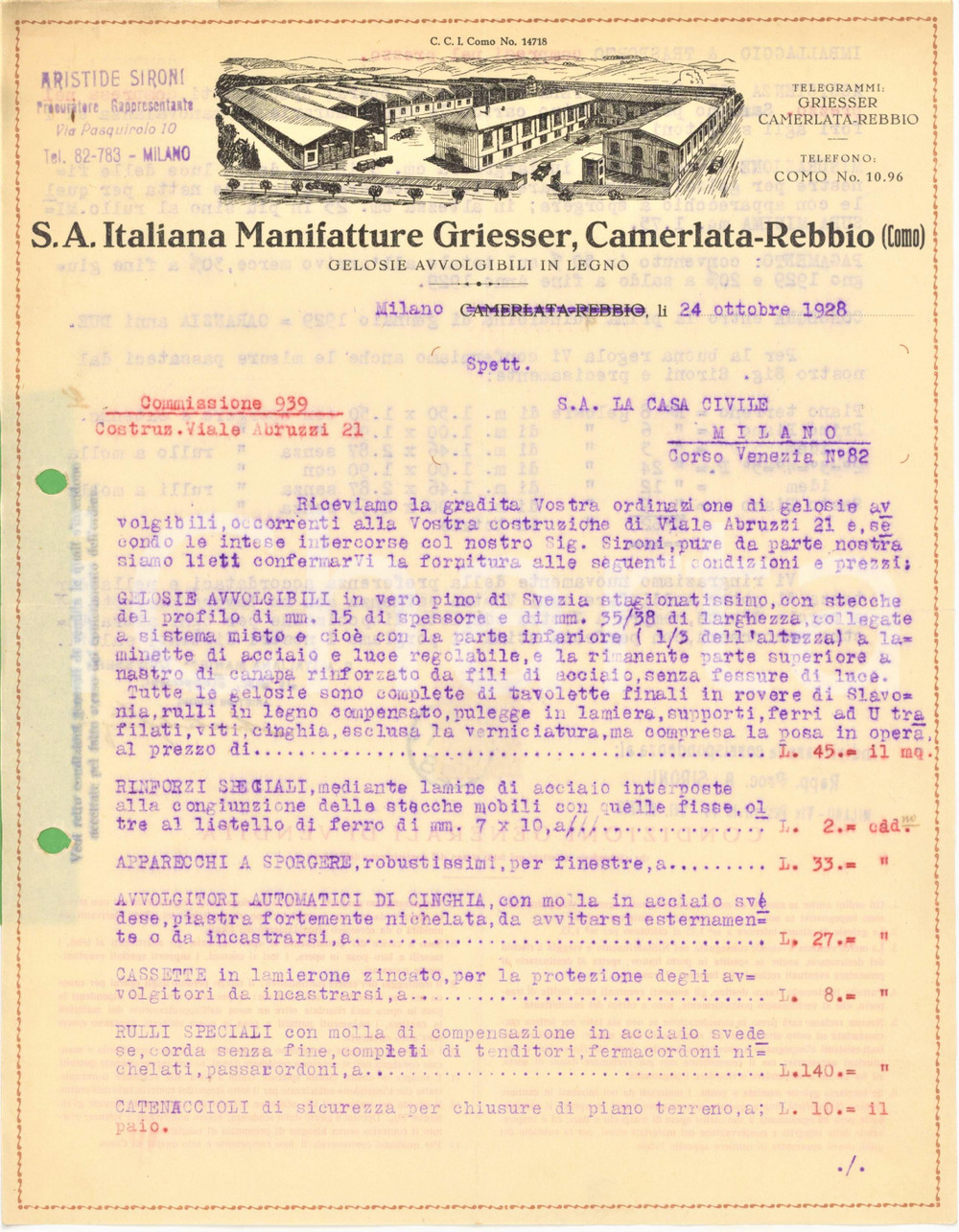Documento originale, autentico 1928 COMO  S.A. Italiana Manifatture GRIESSER  Gelosie avvolgibili Preventivo 1
