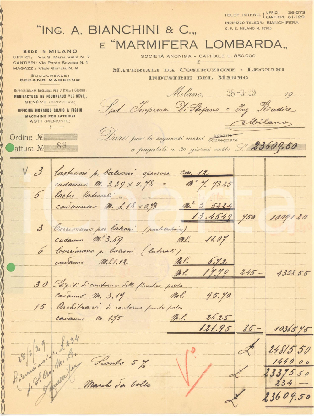 1929 MILANO Società Ing. A. BIANCHINI & C. e Marmifera Lombarda - Fattura
