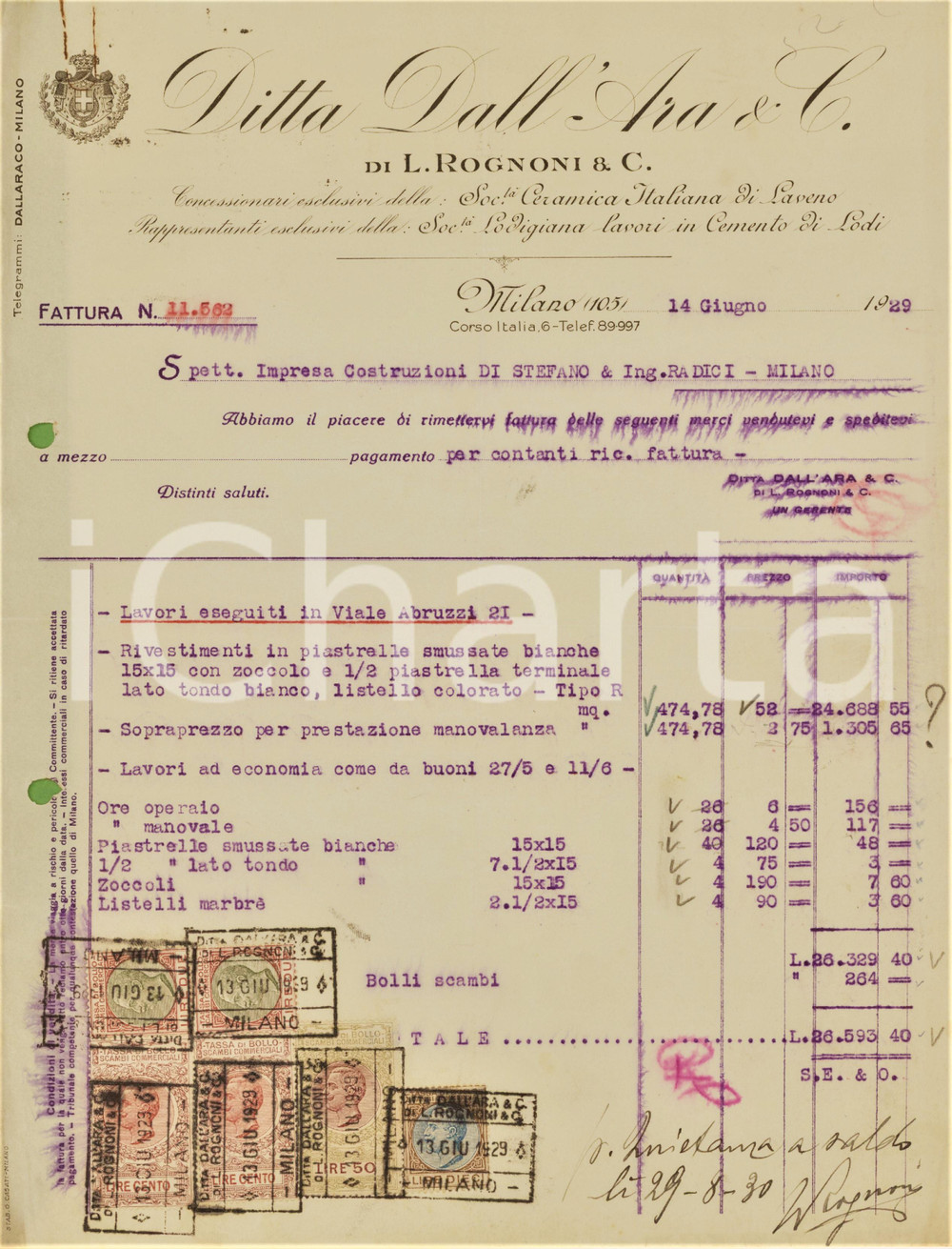 Documento originale, autentico 1929 MILANO Corso Italia 6  Ditta DALL ARA & C. Pavimentazioni  Fattura 1