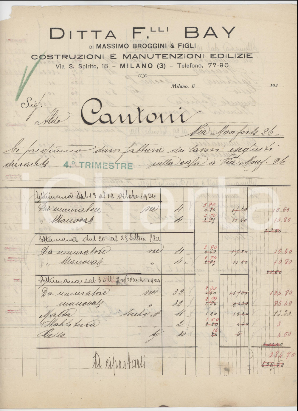 Documento originale, autentico 1924 MILANO Via S. Spirito 18  Ditta F.lli BAY Costruzioni edilizie  Fattura 1